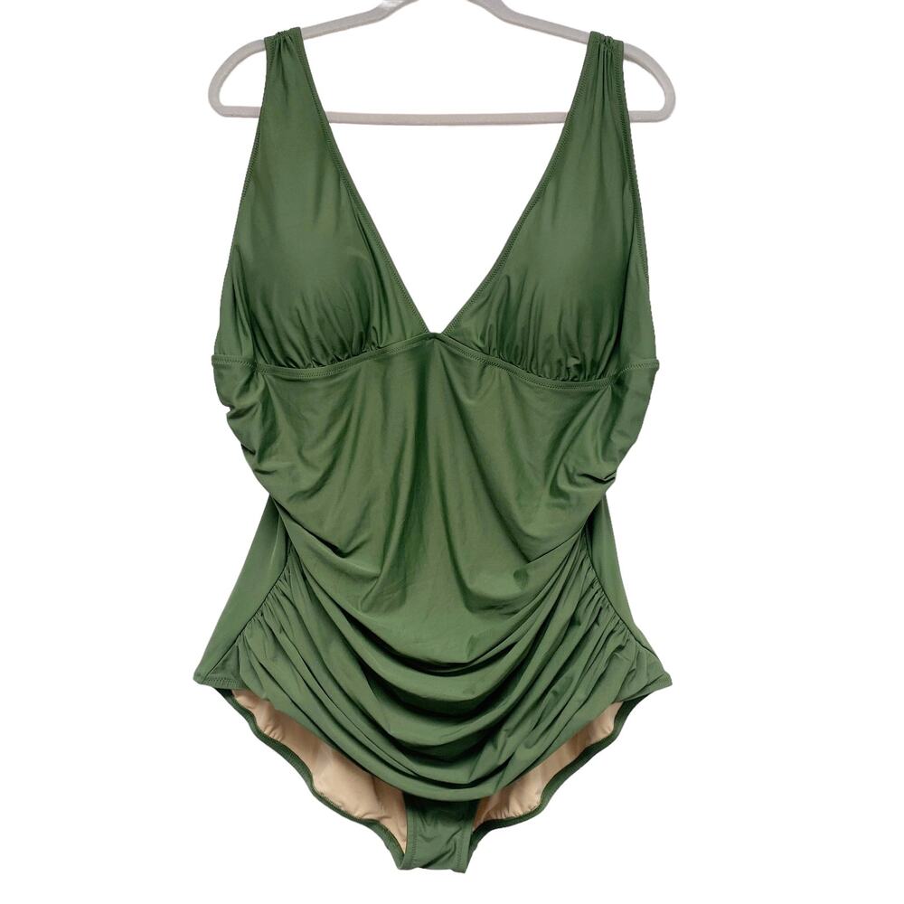 J Crew Womens Size 24 Green Ruched V Neck One Piece Swimsuit